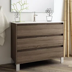 Meuble sous vasque seul, 3 tiroirs, 100cm, simple vasque - britannia (chêne foncé) - TIRIS