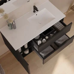 Meuble sous vasque seul, 2 tiroirs et 1 porte, 120cm, vasque déportée droite - noir - ZARZA