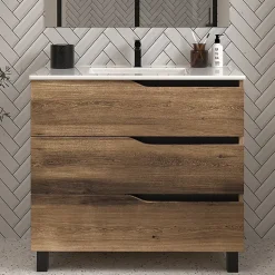 Meuble sous vasque seul, 3 tiroirs, 80cm, simple vasque - tabaco (chêne foncé) - MATA