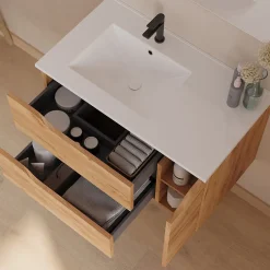 Meuble sous vasque seul, 2 tiroirs et 1 porte, 80cm, vasque déportée gauche - roble (bois clair) - ZARZA