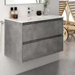 Meuble sous vasque seul, 2 tiroirs, 80cm, simple vasque - ciment (gris) - IRIS