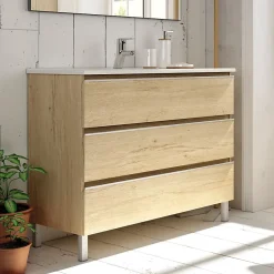 Meuble sous vasque seul, 3 tiroirs, 70cm, simple vasque - bambou (chêne clair) - PALMA