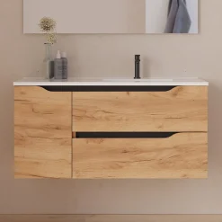 Meuble sous vasque seul, 2 tiroirs et 1 porte, 100cm, vasque déportée droite - roble (bois clair) - ZARZA