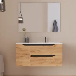 Meuble sous vasque seul, 2 tiroirs et 1 porte, 100cm, vasque déportée droite - roble (bois clair) - ZARZA