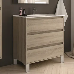 Meuble sous vasque seul, 3 tiroirs, 80cm, simple vasque - cambrian (chêne clair) - TIRIS