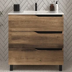 Meuble sous vasque seul, 3 tiroirs, 60cm, simple vasque - tabaco (chêne foncé) - MATA