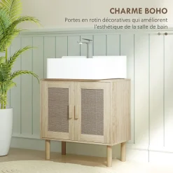 Meuble sous vasque style bohème - 2 portes, étagère - effet rotin bois clair