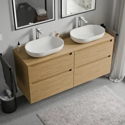 Meuble sous vasque suspendu MDF Chêne miel, plan vasque Chêne miel, tiroirs pivotants - 140x46x62cm - VIREO