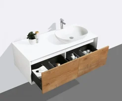 Meuble sous vasque suspendu MDF Blanc mat, 2 tiroirs façade Aspect chêne - 120x40x55cm - Fiona 1200