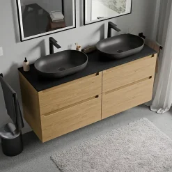 Meuble sous vasque suspendu MDF Chêne miel, plan vasque Noir mat, tiroirs pivotants - 140x46x62cm - VIREO