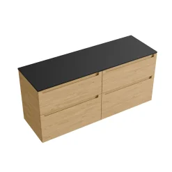 Meuble sous vasque suspendu MDF Chêne miel, plan vasque Noir mat, tiroirs pivotants - 140x46x62cm - VIREO