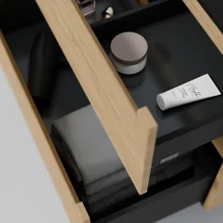 Meuble sous vasque suspendu MDF Chêne miel, plan vasque Noir mat, tiroirs pivotants - 140x46x62cm - VIREO