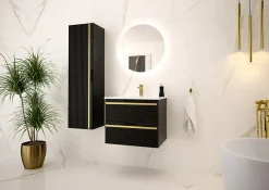 Meuble sous vasque suspendu VESPER noir 80 cm - bande décorative dorée