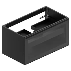 Meuble sous vasque suspendu noir mat et verre fumé l.90 x H.46,5 x P.50,5 cm pour évacuation centrale, Pura+