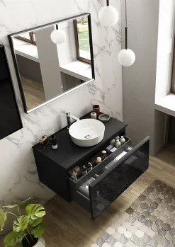Meuble sous vasque suspendu noir mat et verre fumé l.90 x H.46,5 x P.50,5 cm pour évacuation centrale, Pura+