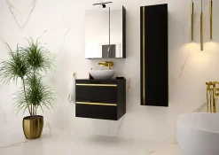 Meuble sous vasque suspendu VESPER noir 60 cm - bande décorative dorée