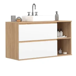 Meuble sous vasque suspendu salle de bain TOMI 2 tiroirs et 2 niches façon hêtre et blanc
