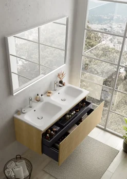 Meuble sous vasque suspendu effet chêne miel l.120 cm pour double vasque, Pura