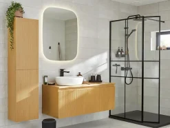 Meuble sous vasque suspendu effet chêne miel l.120 cm pour double vasque, Pura