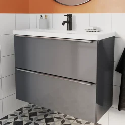 Meuble sous vasque suspendu faible profondeur gris taupe brillant l.80 x H.60 x P.36 cm, GoodHome Imandra