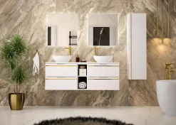 Meuble sous vasque suspendu ESPERO blanc 60 cm - bande décorative dorée