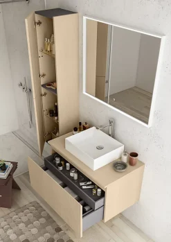 Meuble sous vasque suspendu placage chêne clair strié l.90 x H.46,5 x P.50,5 cm pour évacuation centrale, Pura