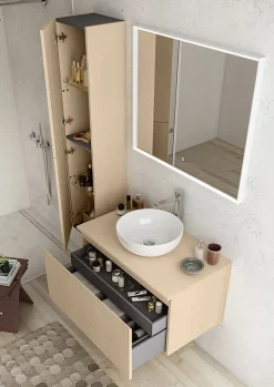 Meuble sous vasque suspendu placage chêne clair strié l.90 x H.46,5 x P.50,5 cm pour évacuation centrale, Pura