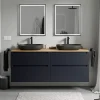 Meuble sous vasque suspendu MDF Bleu nuit mat, plan vasque Chêne miel, tiroirs pivotants - 160x46x62cm - VIREO