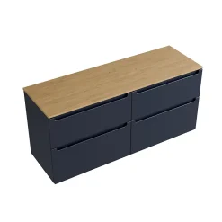 Meuble sous vasque suspendu MDF Bleu nuit mat, plan vasque Chêne miel, tiroirs pivotants - 160x46x62cm - VIREO