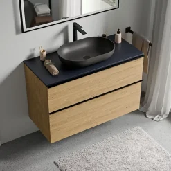 Meuble sous vasque suspendu MDF Chêne miel, plan vasque Bleu nuit mat, poignée Noir mat - 80x46x62cm - LAVOA