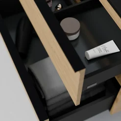 Meuble sous vasque suspendu MDF Chêne miel, plan vasque Bleu nuit mat, poignée Noir mat - 80x46x62cm - LAVOA