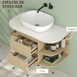 Meuble sous vasque suspendu design tiroirs étagères - dim. 90L x 45P x 46H cm - effet bois clair