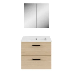 Meuble sous vasque suspendu effet chêne 2 tiroirs l.60 x H.55 x P.45 cm, Opah