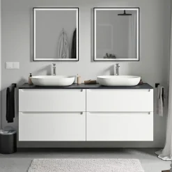 Meuble sous vasque suspendu MDF Blanc mat, plan vasque Bleu nuit mat, tiroirs pivotants - 160x46x62cm - VIREO