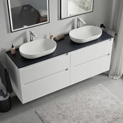 Meuble sous vasque suspendu MDF Blanc mat, plan vasque Bleu nuit mat, tiroirs pivotants - 160x46x62cm - VIREO