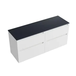Meuble sous vasque suspendu MDF Blanc mat, plan vasque Bleu nuit mat, tiroirs pivotants - 160x46x62cm - VIREO