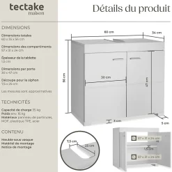 Meuble sous-lavabo 2 compartiments avec 2 portes battantes blanc