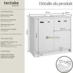 Meuble sous-lavabo spacieux avec capacité de charge de 20 kg blanc