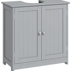 Meuble sous-vasque - 2 portes rainurées avec étagère réglable - poignées métal chromé - dim. 60L x 30l x 60H cm - MDF