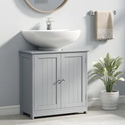 Meuble sous-vasque - 2 portes rainurées avec étagère réglable - poignées métal chromé - dim. 60L x 30l x 60H cm - MDF