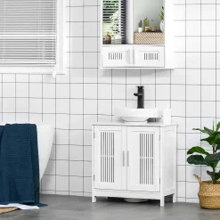 Meuble sous-vasque - 2 portes rainurées avec étagère réglable - poignées alliage aluminium - dim. 60L x 30l x 60H cm - MDF blanc