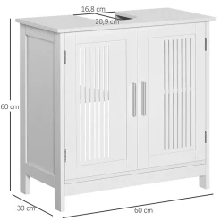 Meuble sous-vasque - 2 portes rainurées avec étagère réglable - poignées alliage aluminium - dim. 60L x 30l x 60H cm - MDF blanc