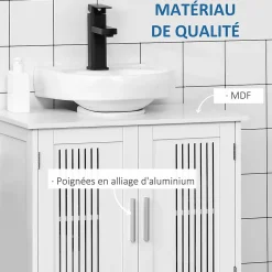 Meuble sous-vasque - 2 portes rainurées avec étagère réglable - poignées alliage aluminium - dim. 60L x 30l x 60H cm - MDF blanc
