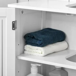 Meuble sous-vasque - 2 portes rainurées avec étagère réglable - poignées alliage aluminium - dim. 60L x 30l x 60H cm - MDF blanc