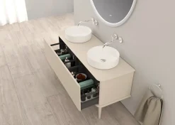 Meuble sous-vasque à suspendre l.141 cm avec plan de toilette, 2 vasques à poser et pieds H.29 cm, beige coton, Idra