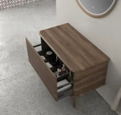 Meuble sous-vasque à suspendre l.95 cm avec plan de toilette et pieds H.29 cm, effet noyer, Idra