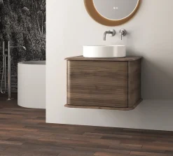 Meuble sous-vasque à suspendre l.61 cm avec plan de toilette et vasque à poser, effet noyer, Idra