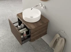 Meuble sous-vasque à suspendre l.61 cm avec plan de toilette et vasque à poser, effet noyer, Idra