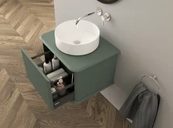 Meuble sous-vasque à suspendre l.61 cm avec plan de toilette et vasque à poser, vert mat, Idra