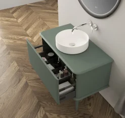 Meuble sous-vasque à suspendre l.95 cm avec plan de toilette, vasque à poser et pieds H.29 cm, vert mat, Idra